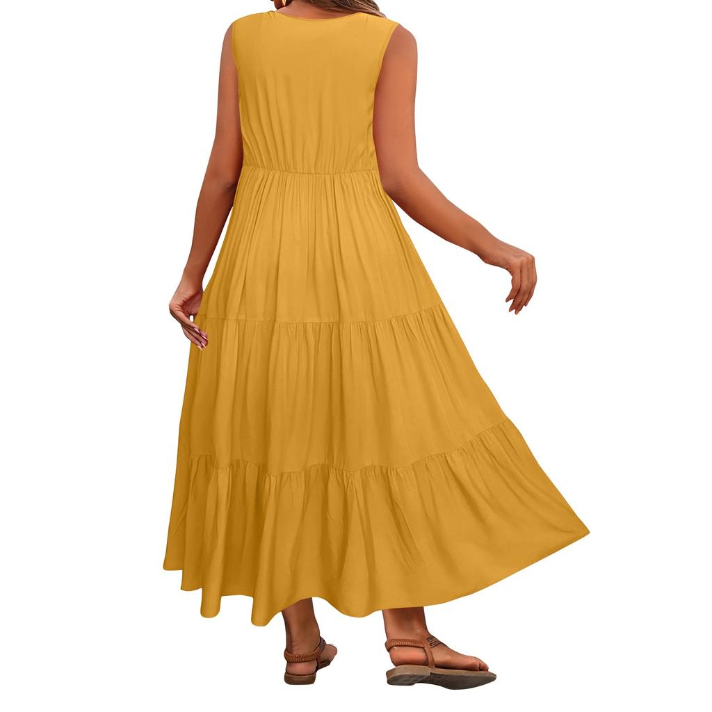 Women's Summer Casual Sleeveless Swing Sundress Boho Flowy Ruffle Tiered Maxi Dress