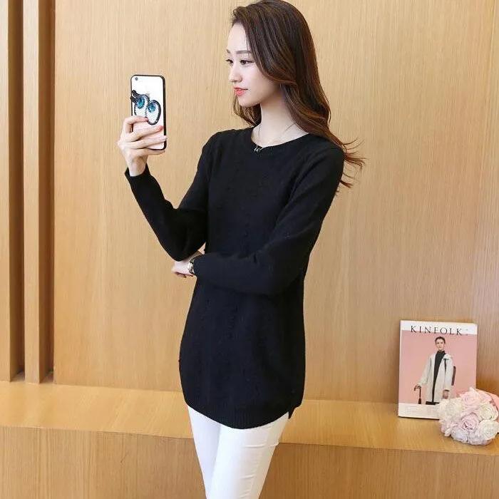 

Женский осенне-зимний пуловер с длинным рукавом, вязаные топы с круглым вырезом, повседневные теплые свитера, женский миди длинный облегающий свитер 3XL чёрный