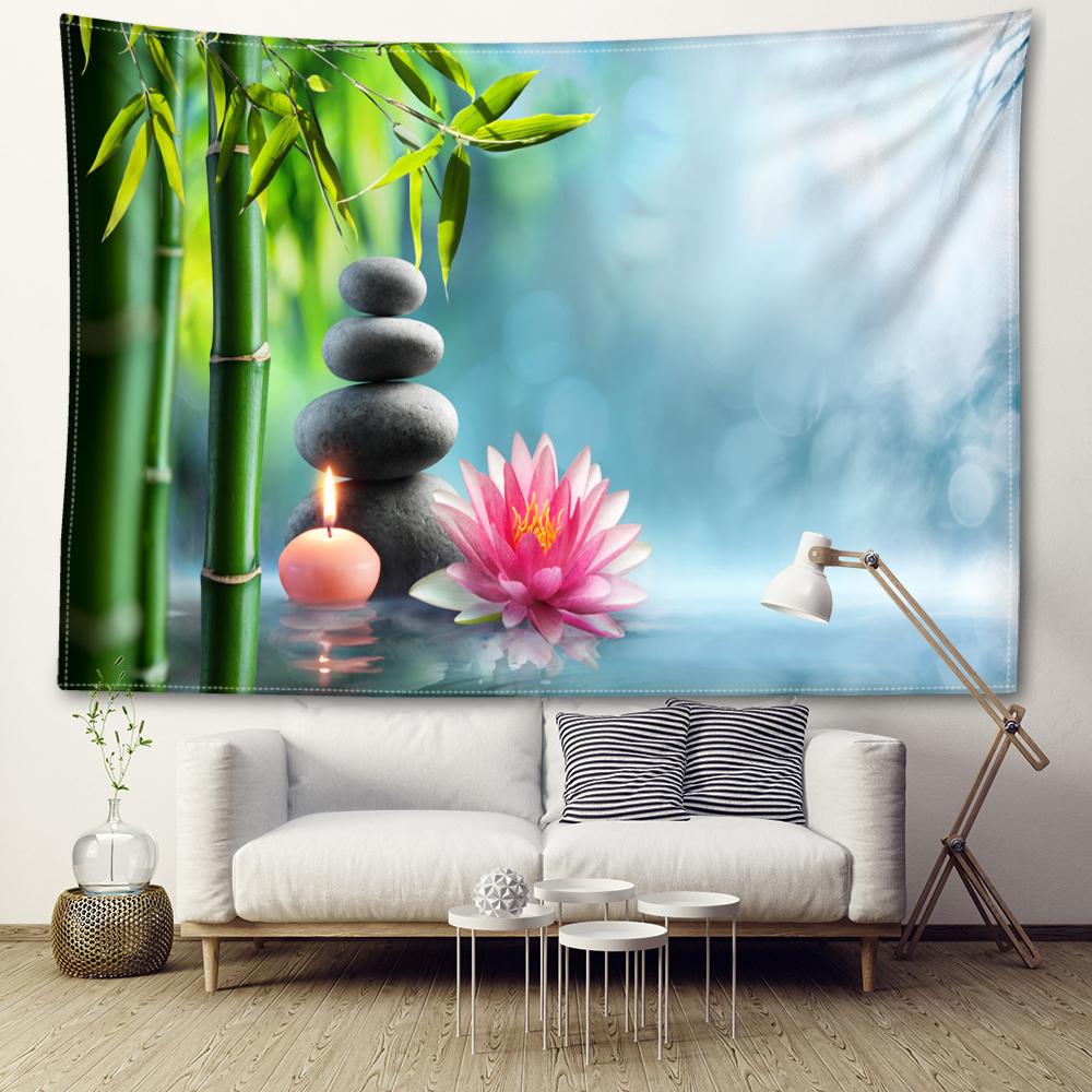 Tapiserie Agățată de Perete Piatră de Lotus și Pădure de Bambus Boem Peisaj Natural Artă Minimalistă Living Dormitor Decor Acasă