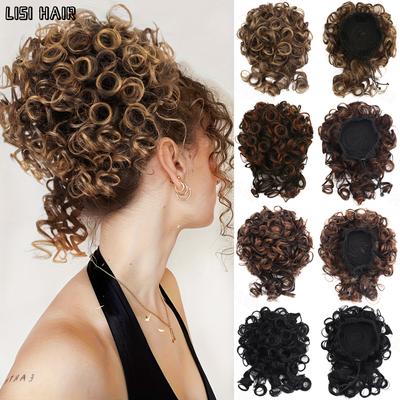 Unordentlicher Haarknoten, elastischer Kordelzug, lockerer großer, lockiger, kurzer Dutt, synthetische Pferdeschwanzverlängerungen, Haarknotenverlängerung für Frauen, den täglichen Gebrauch