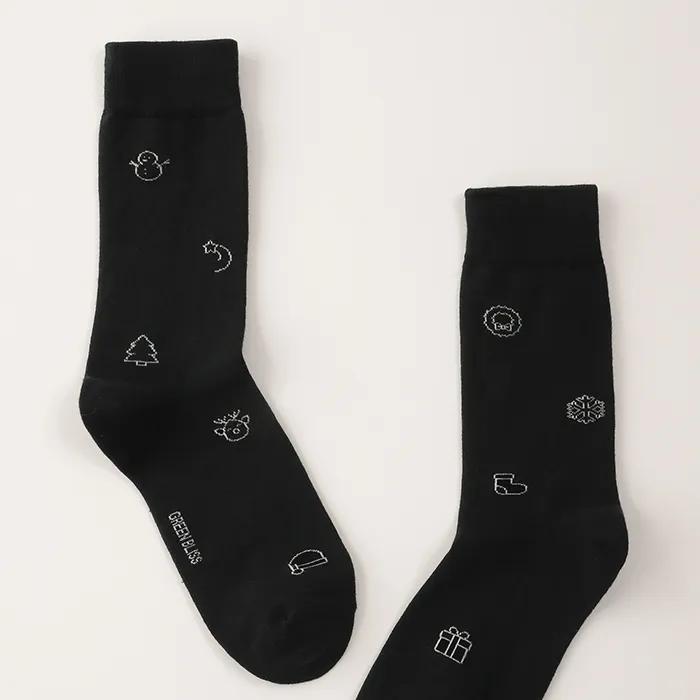 Snow Star Tree Black. Soft organic non-compression illustrated socks