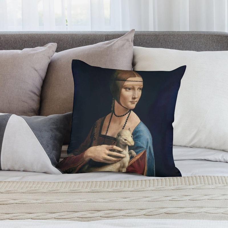 1Pc Lady With An Ermine Art Pillow Cover, Polyester 2D Double-Sided Print Cushion Case, Da Vinci Famous Painting Throw Pillowcas