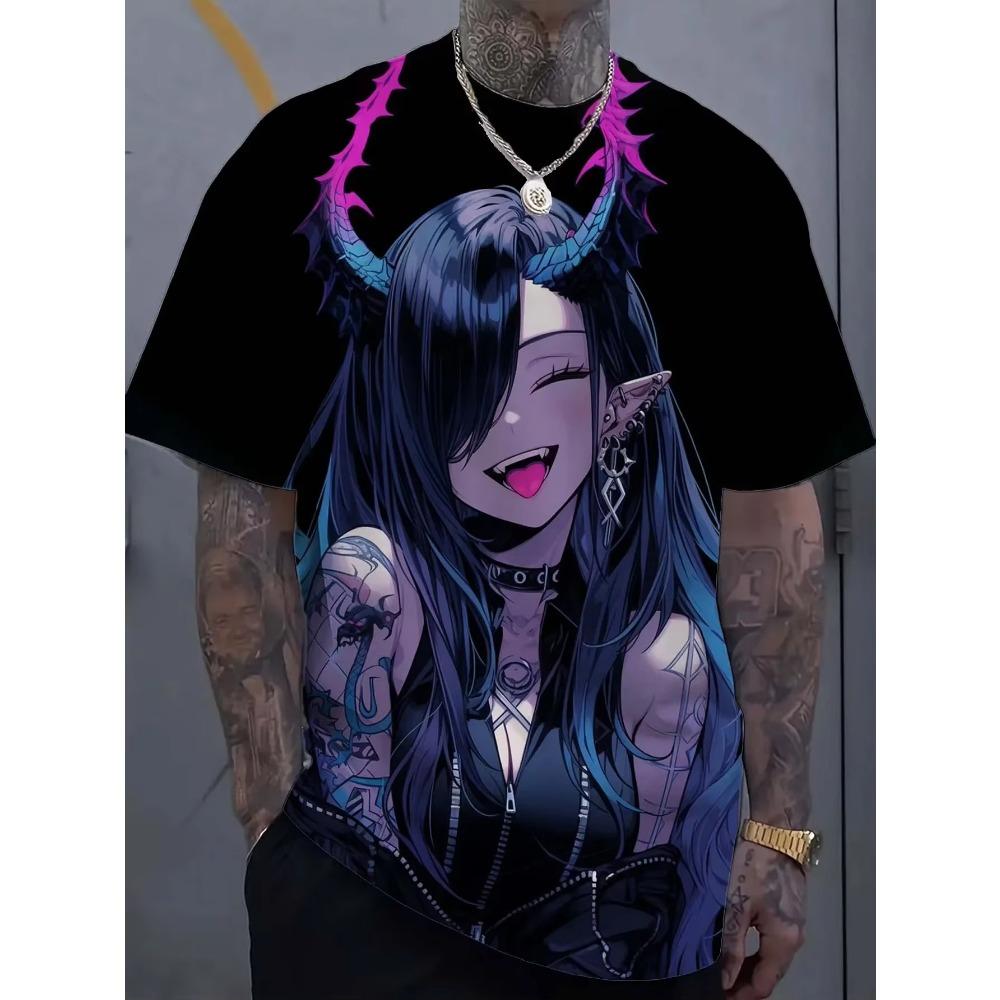 Summer Harajuku Top Short Sleeved Cartoon Tattoo Girl Pattern 3D Printed T-shirt Men's Oversized Sportswear Bad Girl Clothes