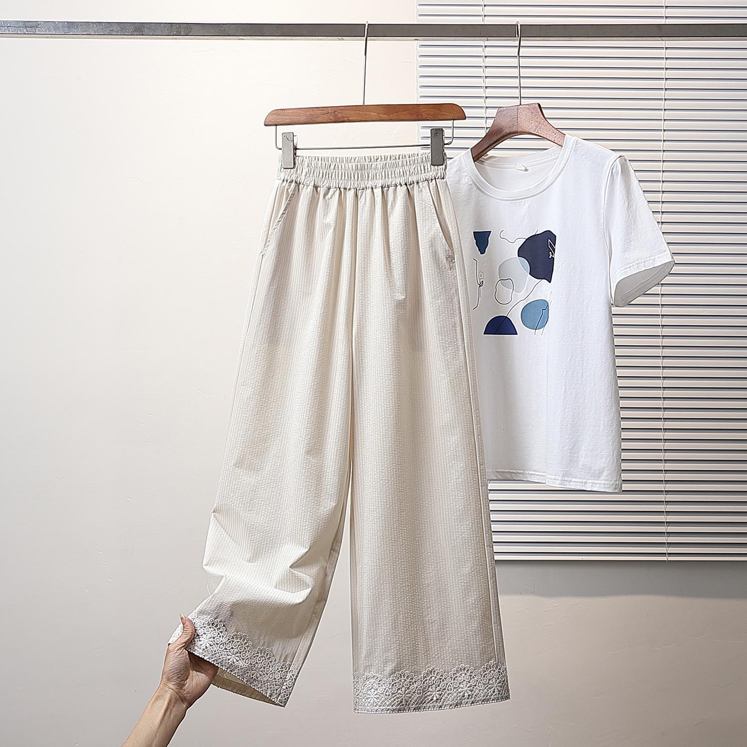 

DIMANAF Брюки больших размеров Женские Весна Лето Однотонные Кружевные С высокой талией Повседневные Брюки-шаровары Свободные Брюки с широкими штанинами 5XL 5XL бежевый