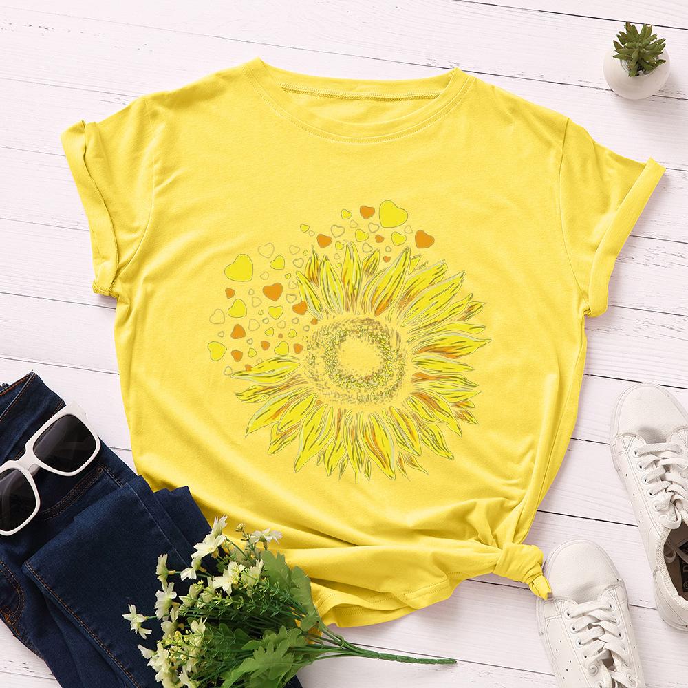Cotton T-Shirt Short Sleeve Round Neck Women 2d Print Tops