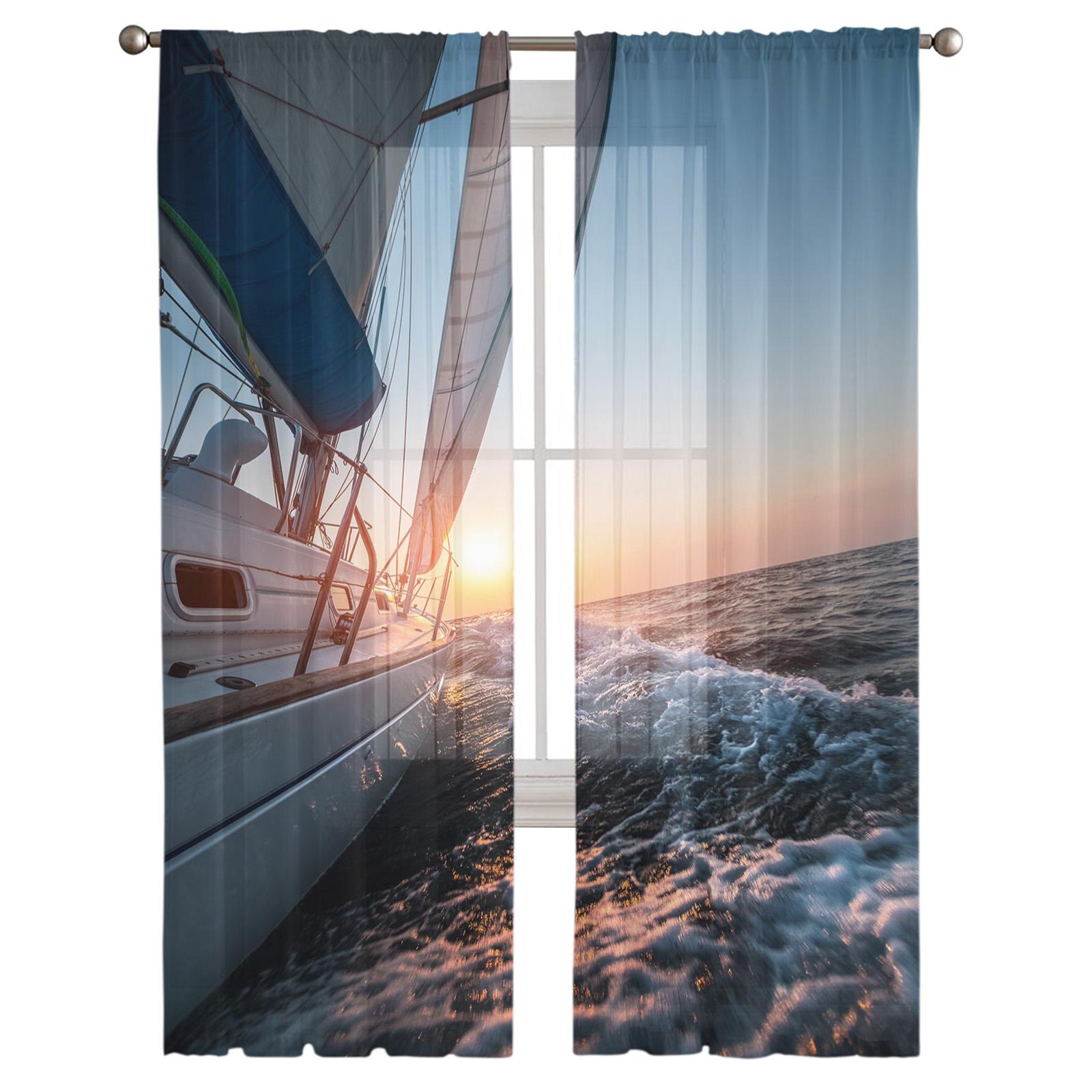 

Море Парусник Сумерки Закат Волны Прозрачные Шторы Гостиная Окна Тюлевые Шторы для Спальни Кухня Украшения Дома Вуаль Шторы
