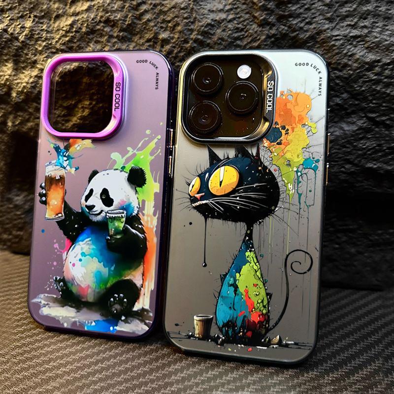 Cartoon Panda Cat Matte Hard Phone For 16 iPhone 11 12 13 14 15 Pro Max Plating Case Cover Funda