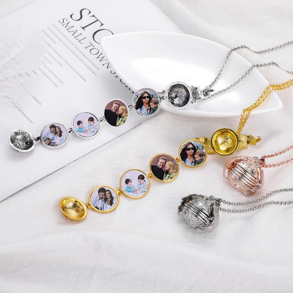 Family Photo Jewelry Magic 4 Photo Pendant Memory Floating Locket Necklace Long Chain Angel Wings