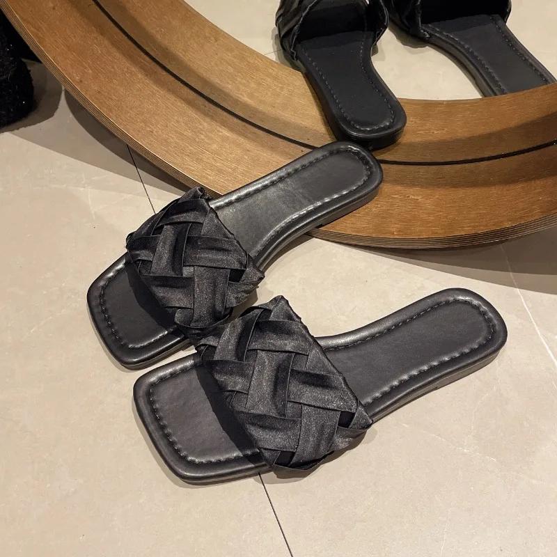 Fashion Summer Satin Flat Women's Slippers Casual Fabric Shallow Mouth Non-Slip Wear-Resistant Fashion Outdoor Sandals Zapatillas Mujer