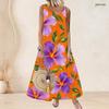 Women Plus Size Scoop Neck Sleeveless Orange Purple Floral Printed A Line Long Dress