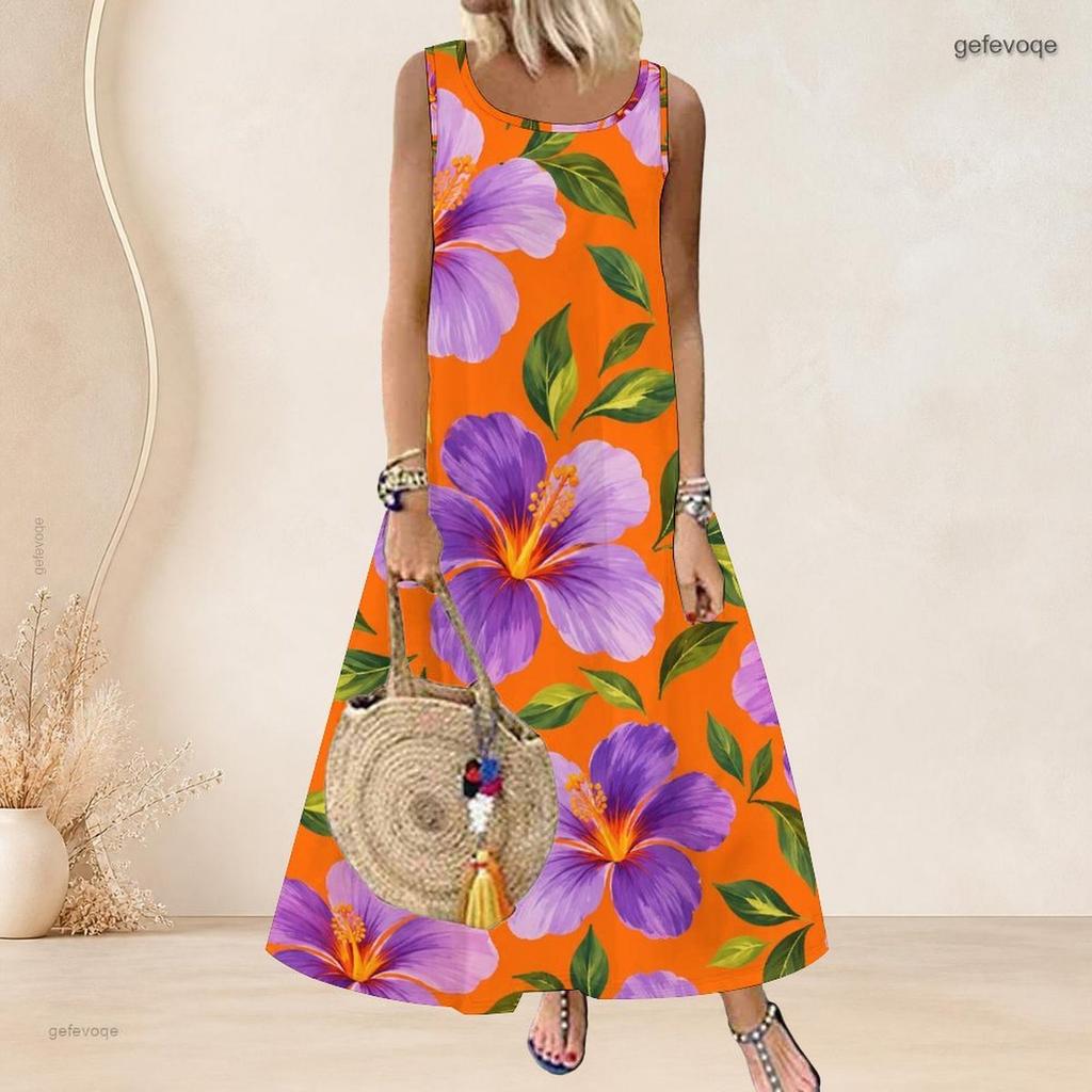 Women Plus Size Scoop Neck Sleeveless Orange Purple Floral Printed A Line Long Dress