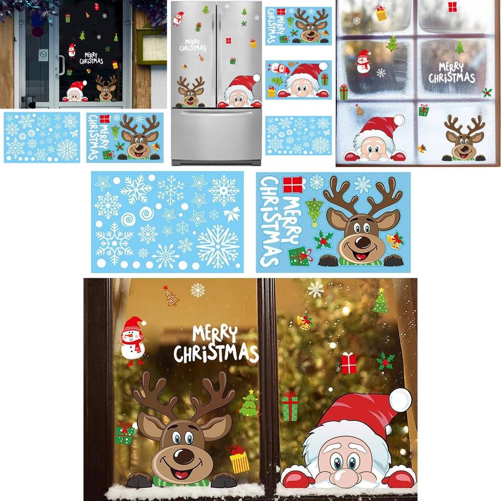 Adorable Merry Christmas Window Decals With Santa Claus And Reindeer Designs