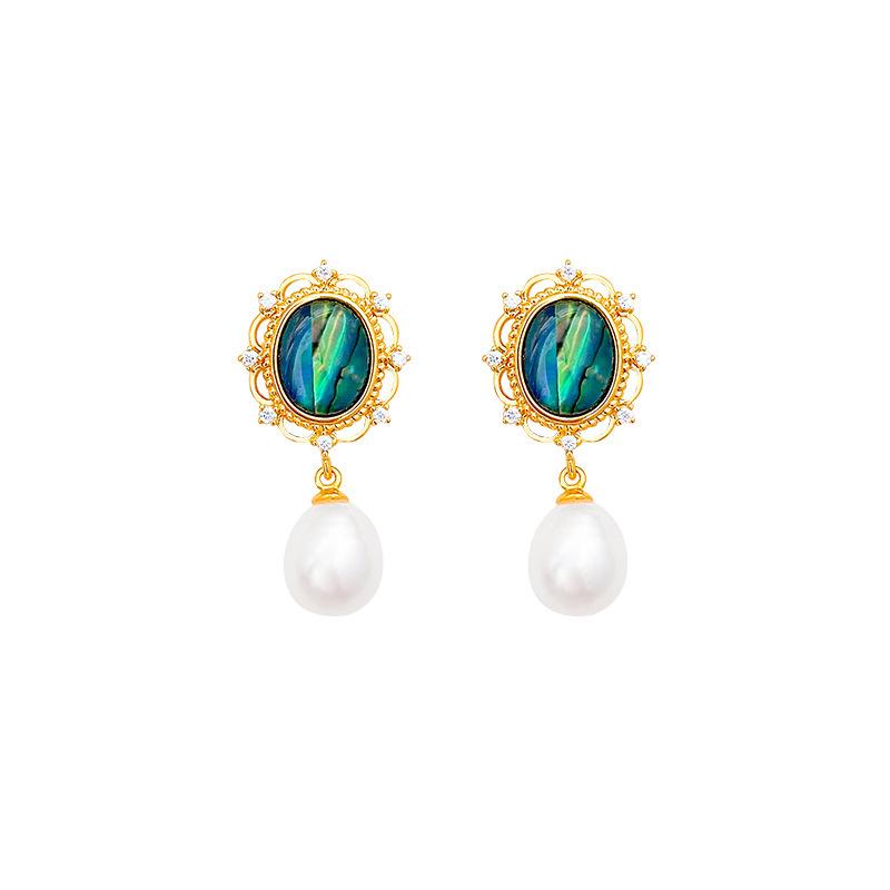 Medieval vintage silver needle earrings real gold electroplated round flower glass pearl stud earrings premium feeling earrings