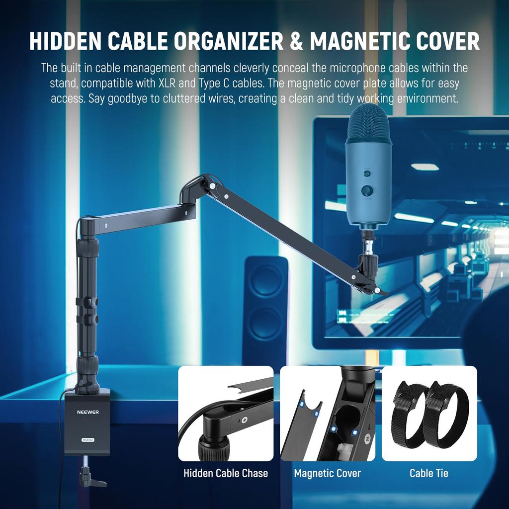 NEEWER Slim Microphone Arm Desk Mount with Damping, 360° Rotation, Articulating Boom Arm with Height Adjustable Pole and Cable Management Channel