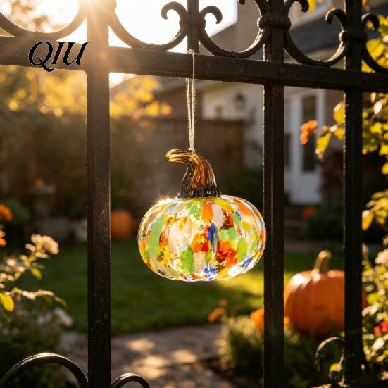 Unique Glass Art Pendant Hand Blown Pumpkin Figurine, Creative Adornment for Desktop Decoration, Fall Rainbow Light Refraction Decor