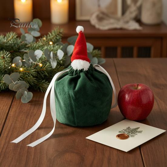 Velvet Christmas Gift Bags Drawstring with Santa Hat, Reusable Xmas Goodie Sacks, Festive for Friends Candy Apple Treat Pouch Eve Giving, Party Favors