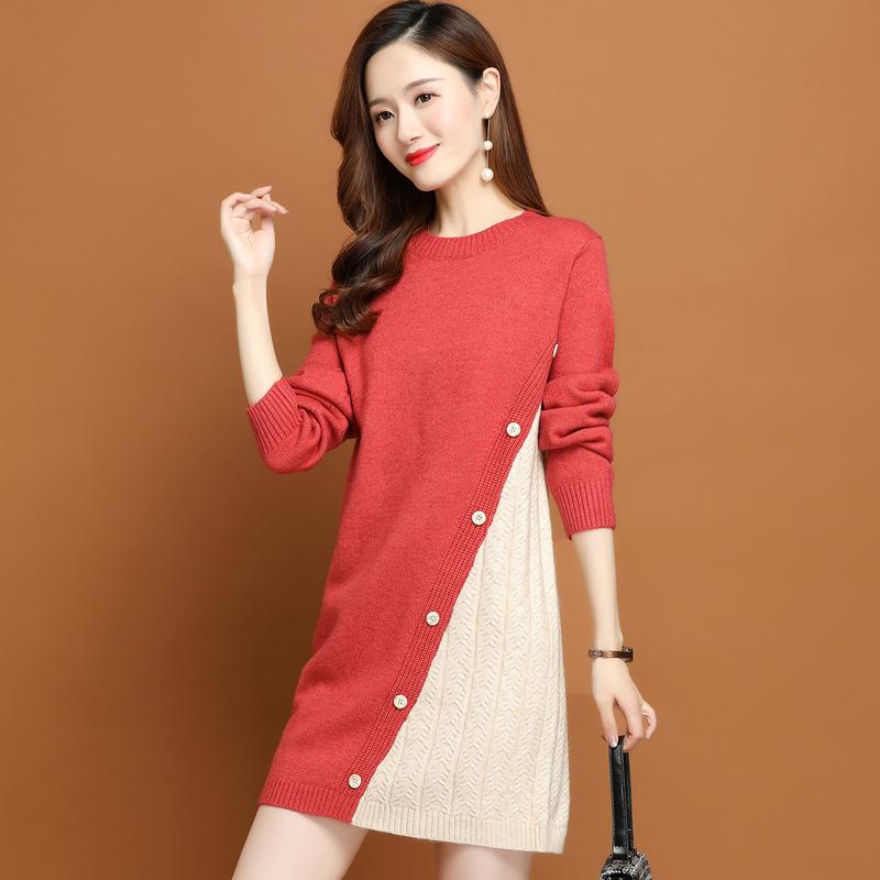 

Круглый вырез свитера женский средней длины вязаный свитер свободная осенняя и зимняя одежда женский модный вязаный базовый свитер XL красный