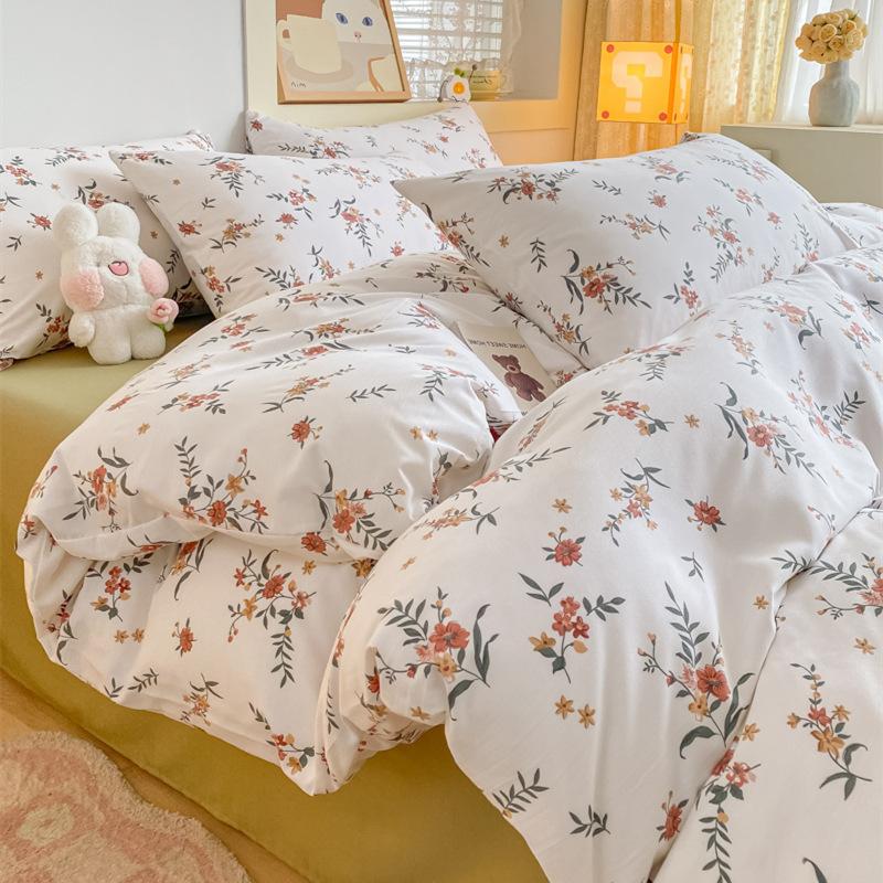 Washed Cotton 4Pcs Dormitory Small Fresh Naked Sleeping 3Pcs Double-Layer Yarn Bed Sheet Quilt Cover