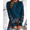 European and American Autumn/Winter Women's Woolen Sweater: Hollow Fabric Strip Patchwork Long Sleeve Knitwear, Round Neck Pullover Top