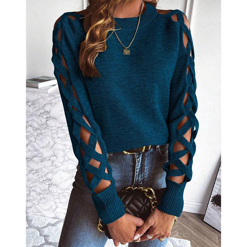 European and American Autumn/Winter Women's Woolen Sweater: Hollow Fabric Strip Patchwork Long Sleeve Knitwear, Round Neck Pullover Top