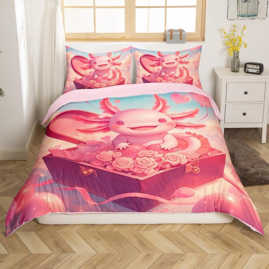 Cartoon Penguin Bedding Set Romantic Balloon Valentine's Day Comforter Cover Groovy Roses Flower Duvet Cover for Couple Lovers