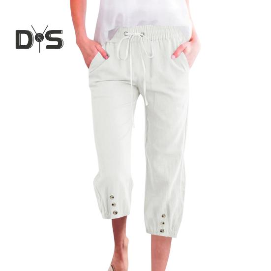 Women Cropped Pants Elastic Waist Adjustable Drawstring Casual Trousers with Pockets Sporty Loose Leg Design Mid-calf Pants