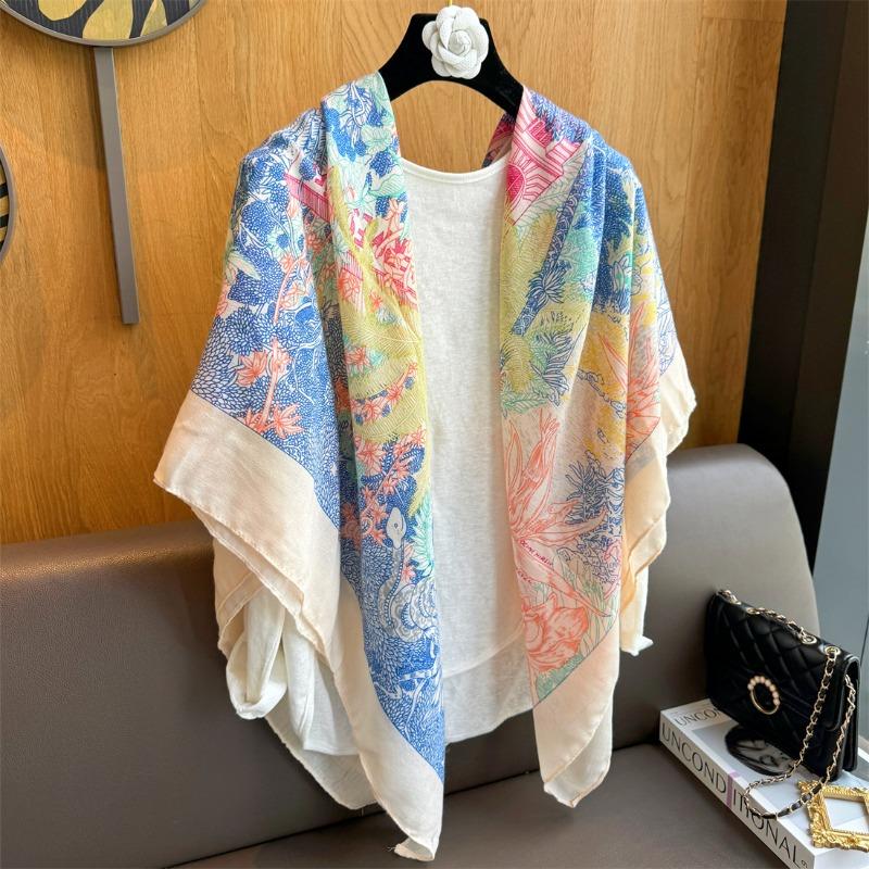 Spring and summer new women's thin linen 130 square scarves, colored scarves, high-end shawls outside for travel photos