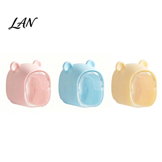 Waterproof Brush Holder Cute Bear Wall Mounted Toothbrush with Dustproof Flip Cover, Single Bathroom Decor Dispenser Storage Organizer, Drill-free