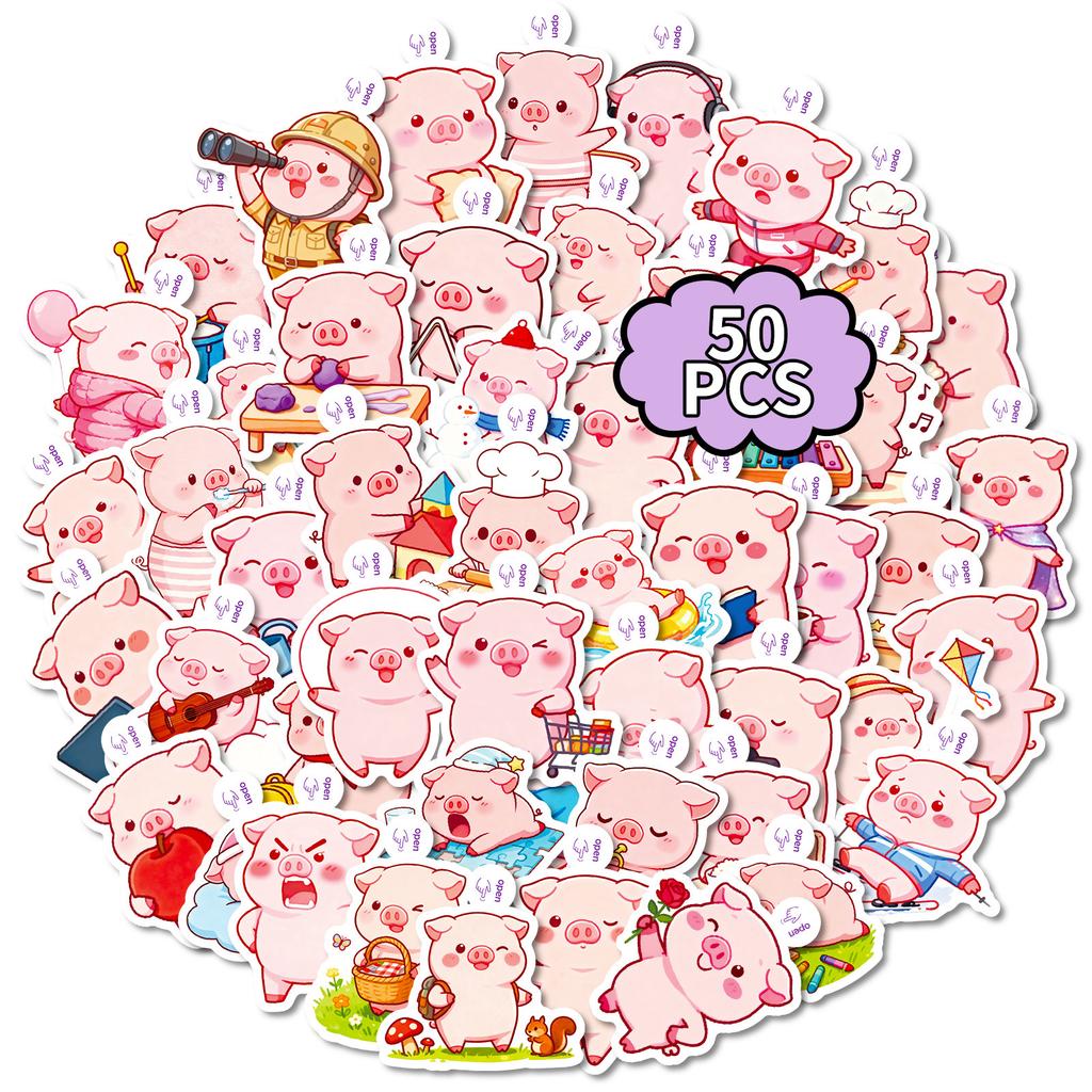 50/100 Pcs Fun Cartoon Pink Pig Funny Theme Stickers No Repeat for Stationery Box Notebook Helmet Car Scooter Suitcase Decals
