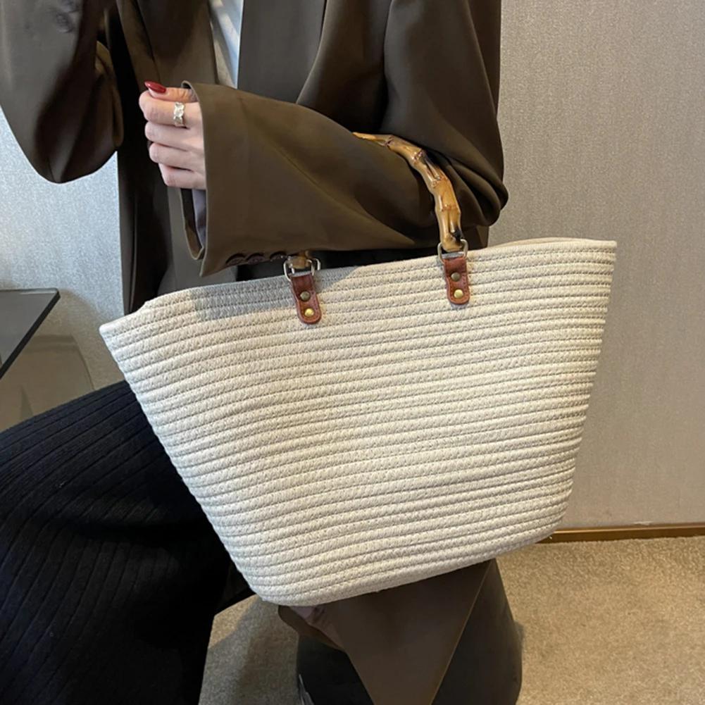 Cotton Woven Handbags Bamboo Handle Tote Summer Striped Hand-Woven Top-handle Bags Large Capacity Women's Bags Weaving Beach Bag