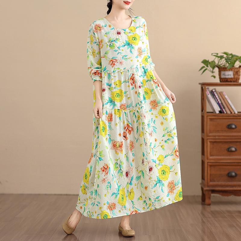 DIMANAF New 2025 Women Plus Size Spring Long Dress Loose Basic Vintage Oversize Long Sleeve Maxi Floral