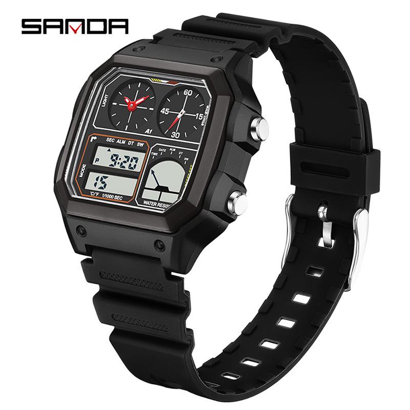 Sanda Temu Temperaturmessung Studenten Sportuhr, Wasserdicht Dual-Display, Multifunktionales Quadratisches Design