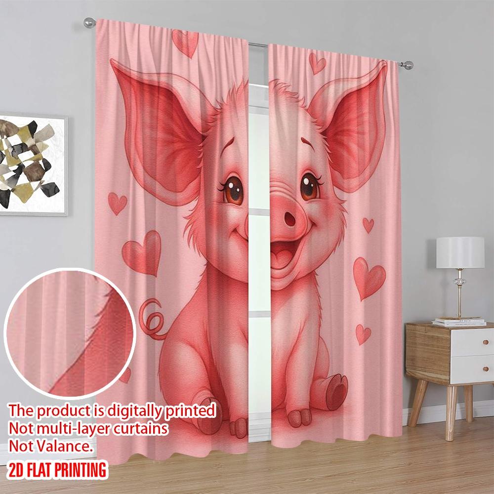 2pcs,2D Plane Printing Window Curtain Pink Piggy Love Durable Polyester (without Rod) Gifts for Living Room & Office Decor