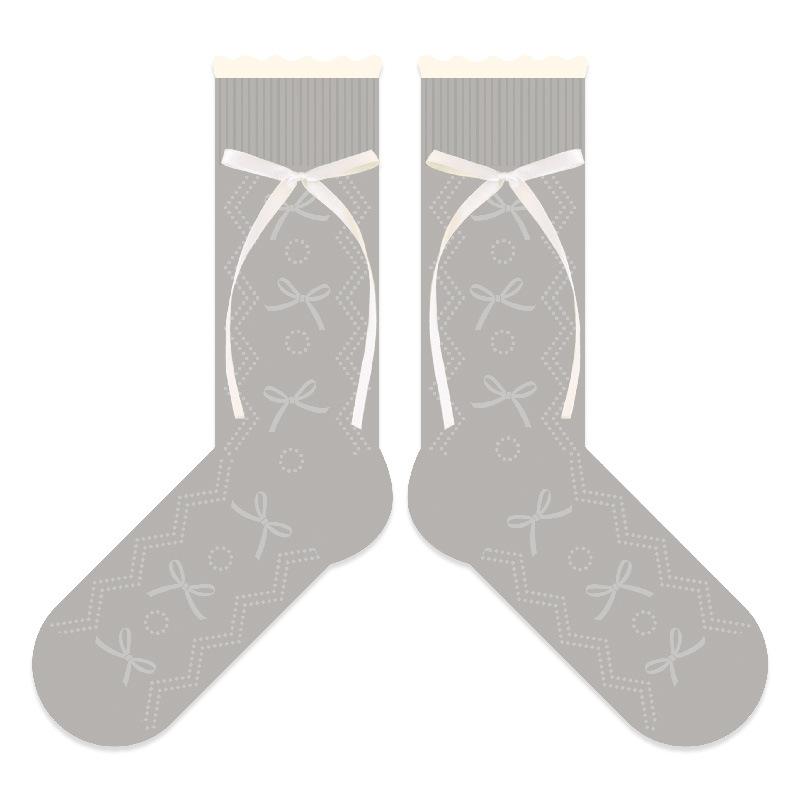 Thin Style Children's Socks - Summer Cotton, Sweet Bow, Bubble Yarn, Frilly Mid-calf Pile-up Socks