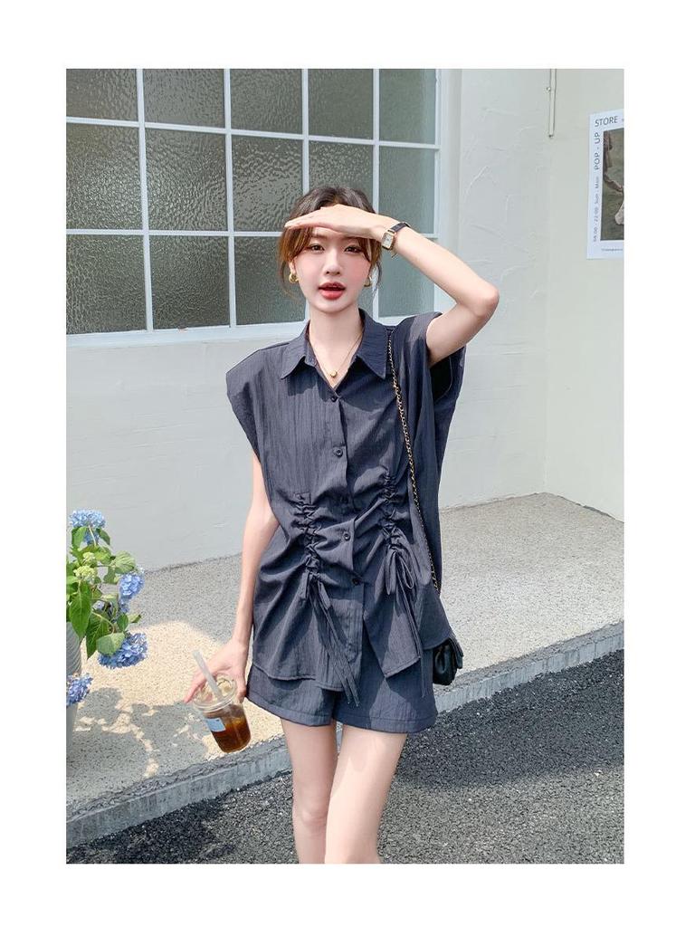 Trendy 2024 Drawstring Sleeve Shirt and Shorts Set: Stylish, Youthful, Two-Piece Casual Outfit