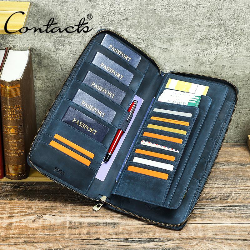 CONTACT'S Genuine Leather Men Handbag Passport Cover Card Holder Pen Slot Family Travel Passport Clutch Bag