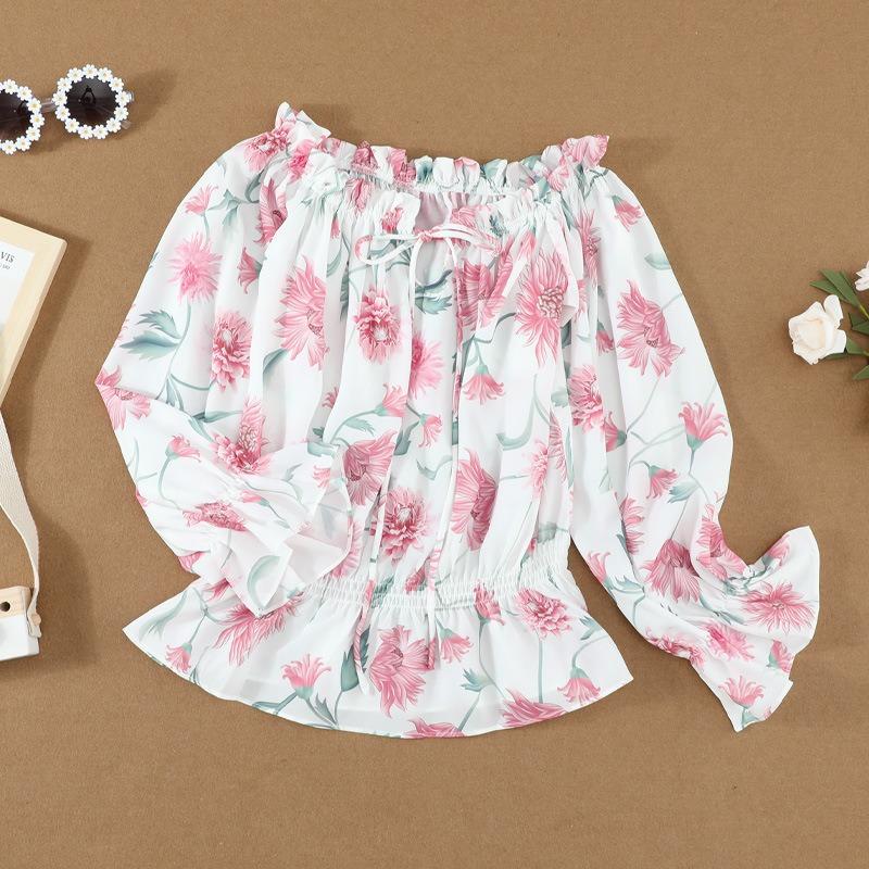 Women Floral Chiffon Shirt Printed Blouse Ruffle Waist Tie Tops