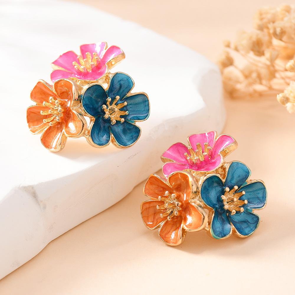 European & American Floral Stud Earrings - High-end, Colorful Drip Oil Design, Versatile Women's Accessories