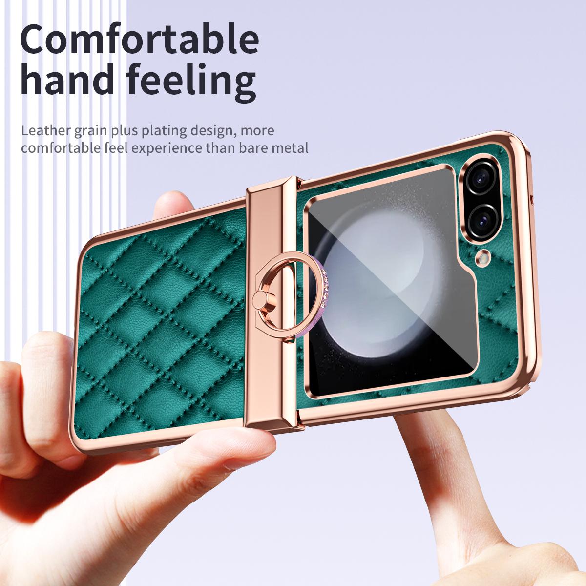 

Stitching Line Imprinted Phone Case for Samsung Galaxy Z Flip5 5G PU+PC Kickstand Electroplating Phone Cover Green