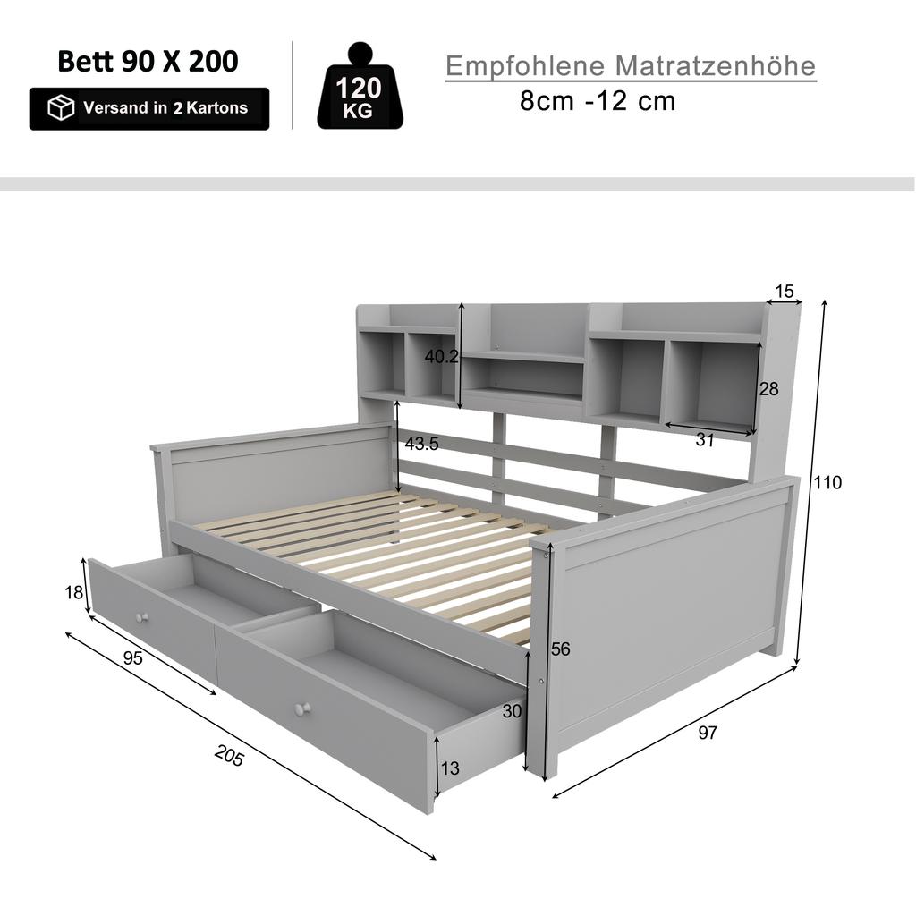 Schlafsofa 90x200, Schubladen und Regale, Lattenrost, Kinderbett, Jugendbett, Einzelbett, Massivholzbett Grau