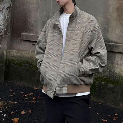 Vintage Houndstooth Stand Collar Jackets Autumn Winter New Stylish Zipper Men's Clothing Long Sleeve   Casual Loose Coats