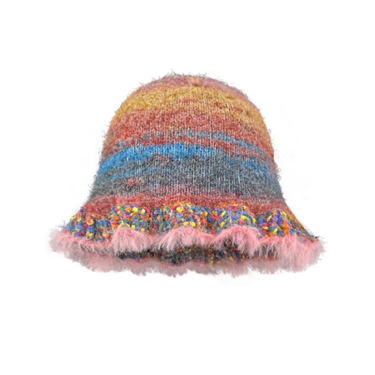 

Windproof Woman Crochet Hat Winter Fisherman Hat Teen Handmade Stripe Bucket Hat рожевий