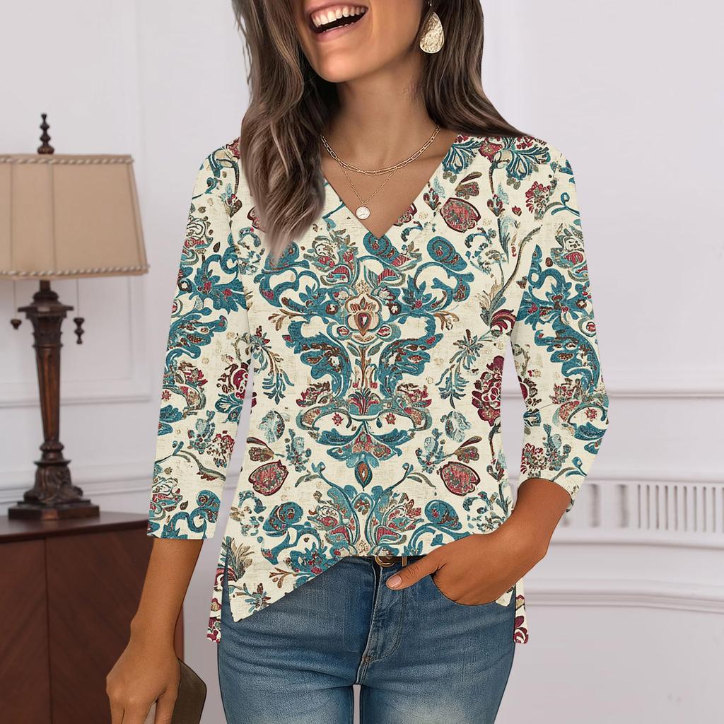 3/4 Sleeve Shirts For Women  Print Graphic Tees Blouses Casual Plus Size Basic Tops Pullover