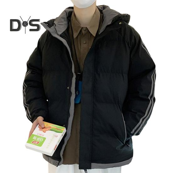 Giacca da uomo in cotone con cappuccio, manica lunga, patchwork, colore imbottito, antivento, caldo cotone, patta con cerniera, capospalla