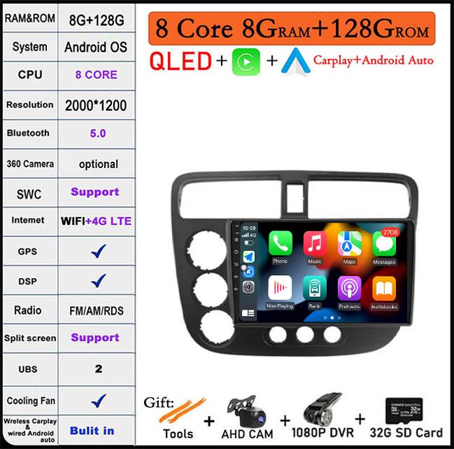 9 Lnch For Honda Civic 7 2000-2006 QLED Android 14 Car Radio Multimedia Video Player GPS AI Voice 4G CarPlay Head Unit Stereo