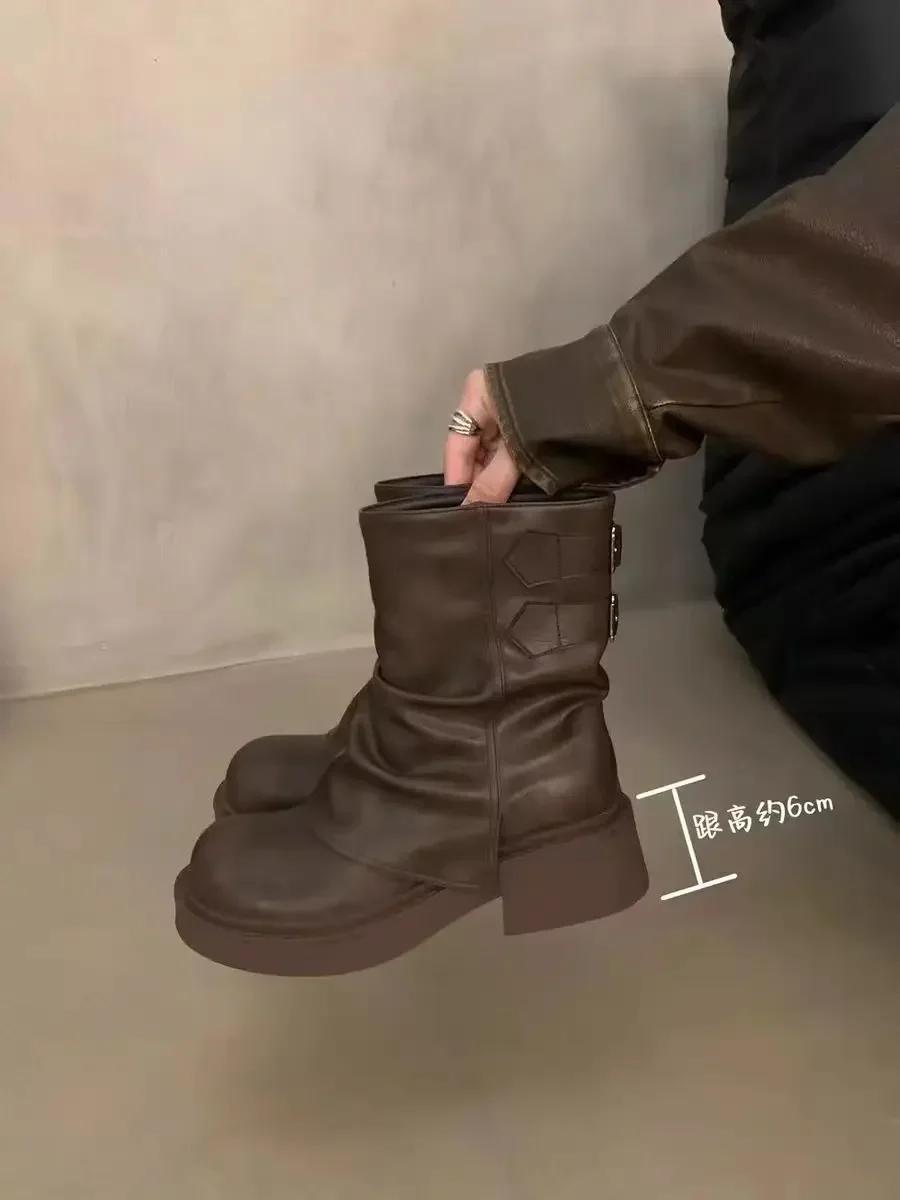 

Женские модные ботинки с толстым каблуком, квадратным каблуком, нескользящей обувью для женщин, пряжкой, круглой головкой, средней длины, обувь для женщин 40 хаки