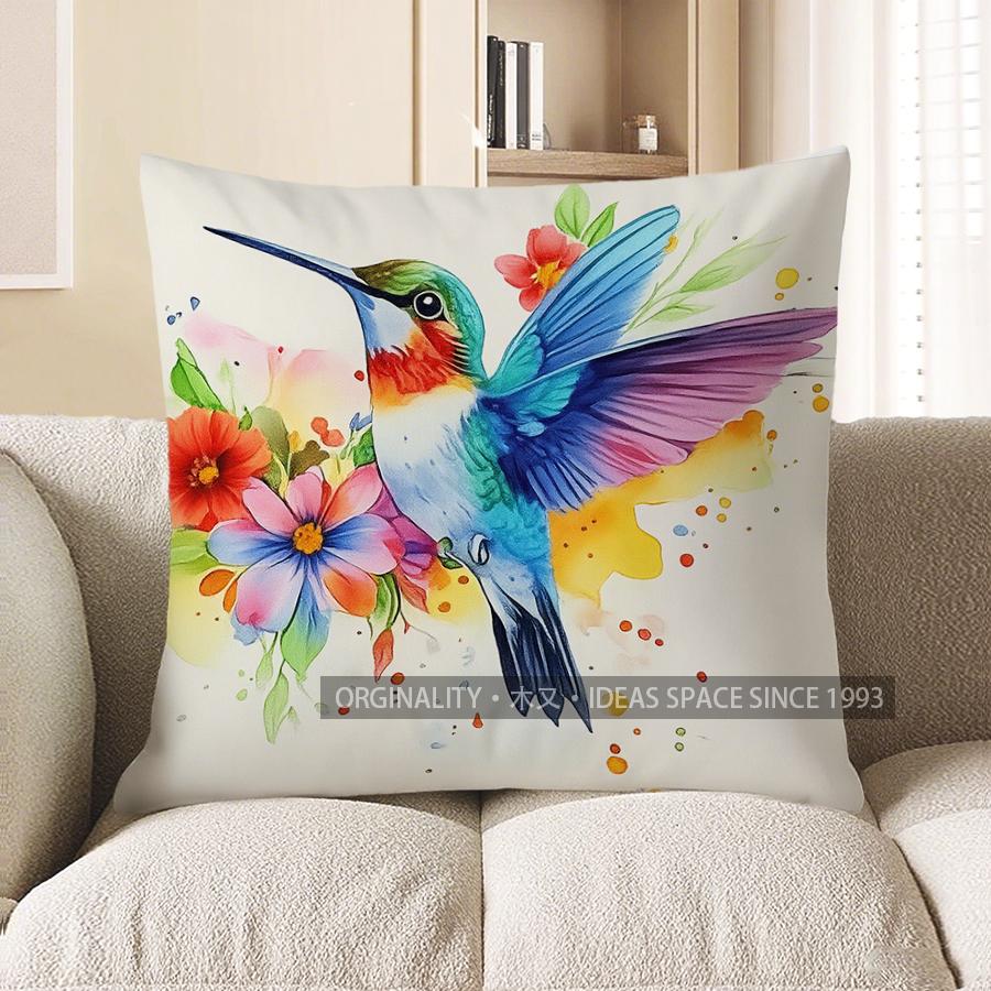 Home Decor Colorful Hummingbird With Flowers And Butterflies Pattern Cushion Cover Suitable For Sofa Bedroom Car Pillow Cover