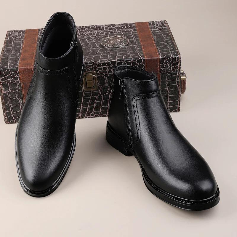 Genuine Leather Men's Boots Luxury Brand Italian Designer Dress Boots 2024 Short Plush Boots for Men Comfy Business Casual Shoes
