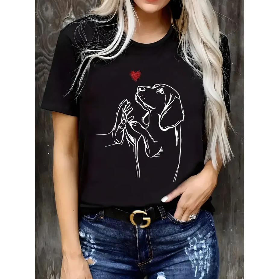 3D Print Round Neck Short Sleeved T-shirt for Women Cup Black Letters Tees Breathable Polyester Stretch Comfortable for Everyday