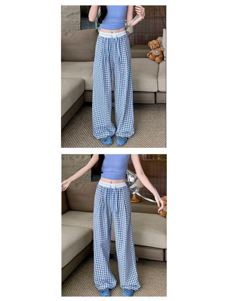 2025 Girls' Pink Plaid High-Waisted Loose Fit Yamamoto Pants: Retro Wide-Leg for Spring/Summer